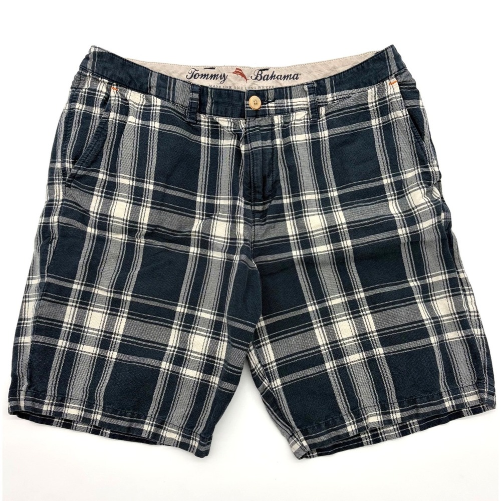 Tommy Bahama, Men's 34 Blue White Plaid Linen Cotton Bermuda Shorts Flat Front